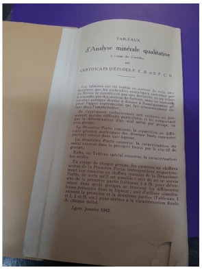 Tableaux d’analyse minérale qualitative - Certificats d’étude PCB SPCN (1942)