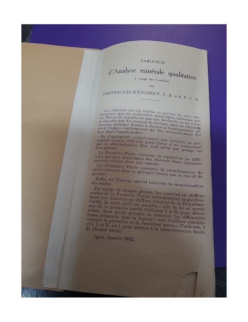 Tableaux d’analyse minérale qualitative - Certificats d’étude PCB SPCN (1942)